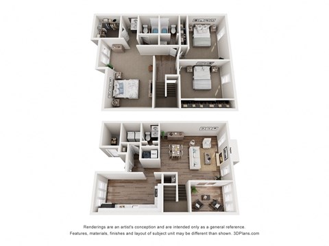 a stylized 3d floor plan with a bedroom and a living room